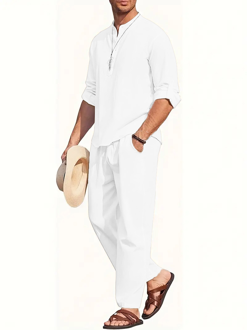 Men's White Linen Suit Set Lon - đánh giá và giá Linen Shirt Summer