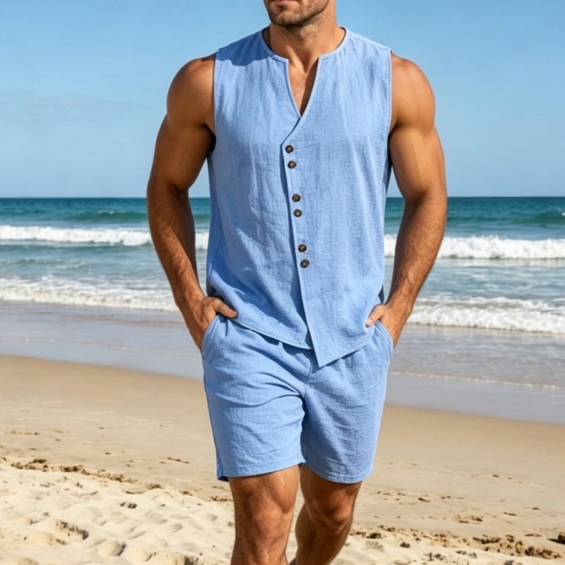 Men Simple Solid Linen Sleevel - đánh giá và giá Linen Shirt Summer